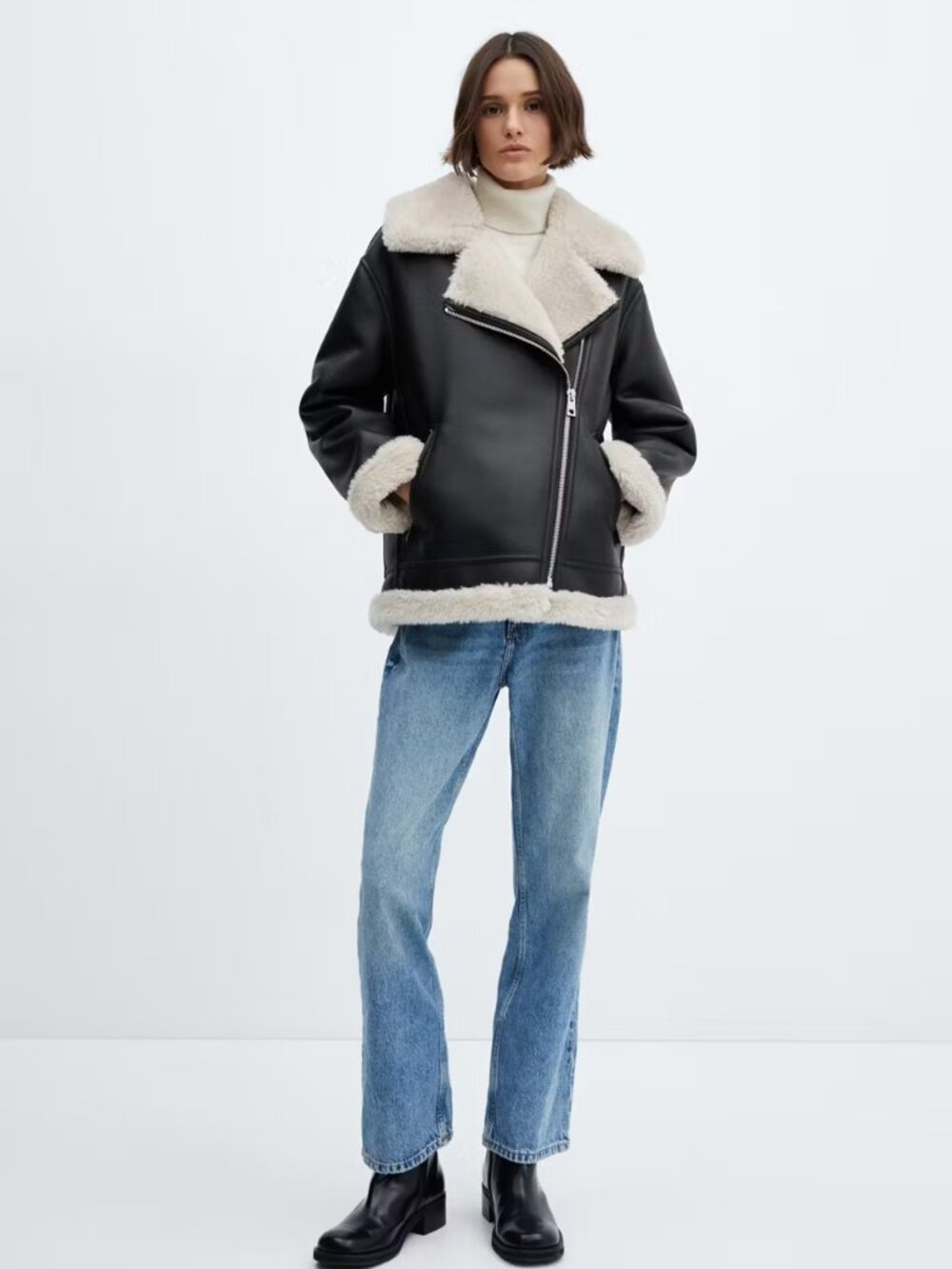 Mango Faux Leather and Shearling Oversized Jacket